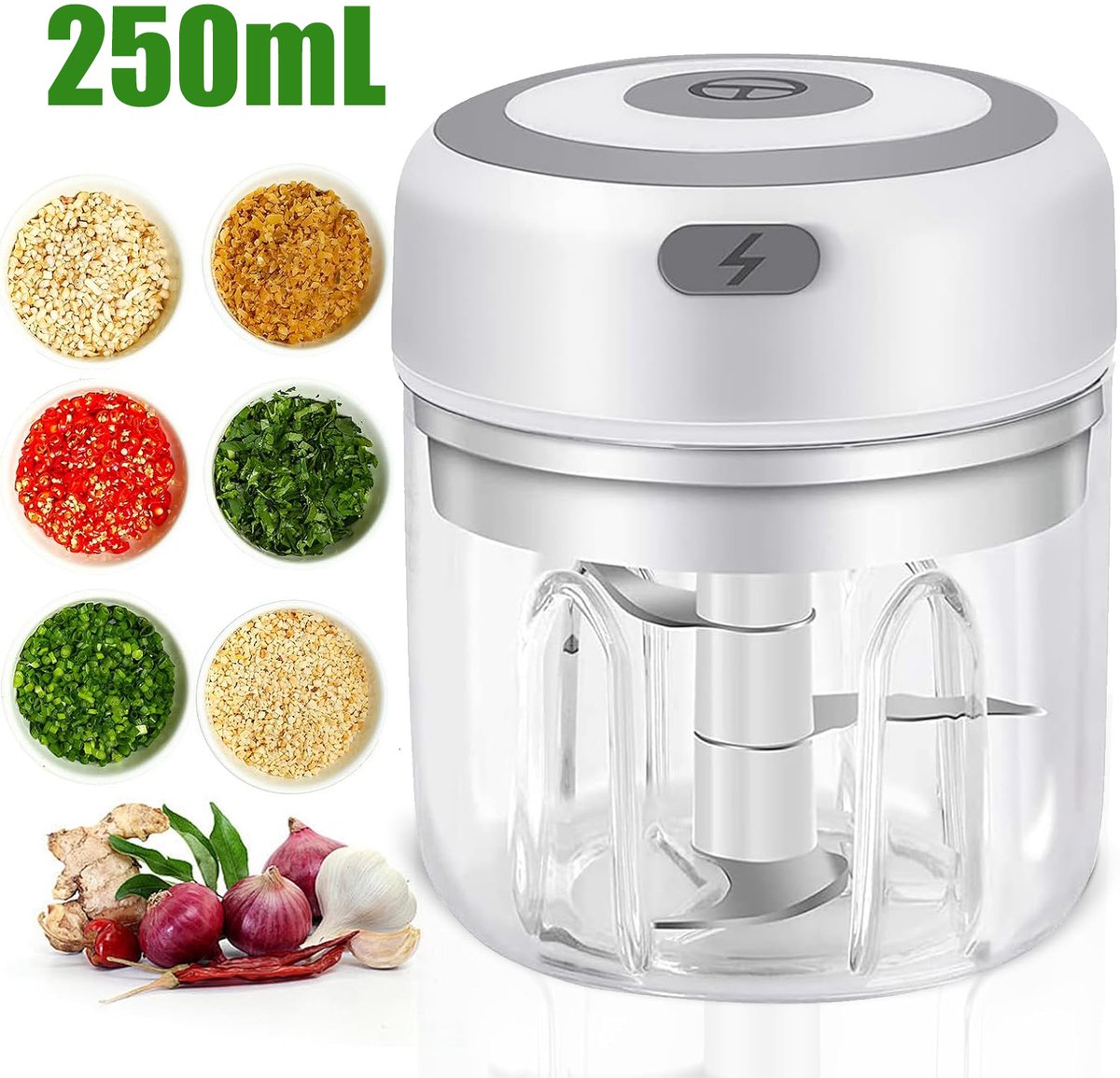 250ml Elektrische Mini-Hakmolen - Oplaadbare Kleine Keukenmachine - Uienpers - Voor Knoflook Puree Ui Kruiden Groenten