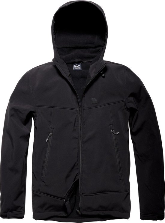 Zwarte Vintage Industries softshell jas met capuchon en ritsen.
