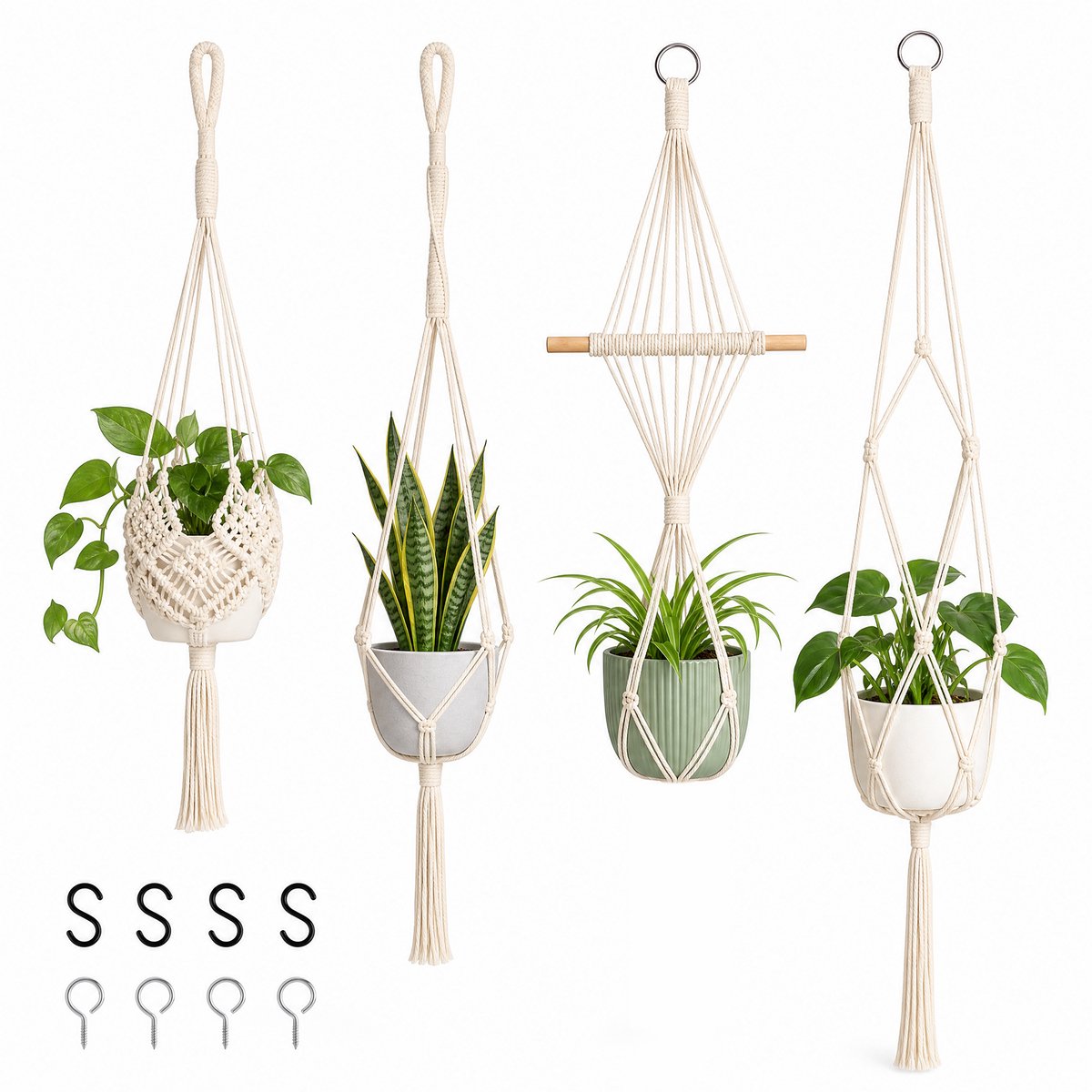 Macramé plantenhangers - set van 4 - 81, 104, 104 en 122 cm - katoenen koord - crème - met dubbele hanger, S-haken en plafondhaken - voor binnen en beschut balkon - Boho Handgeweven Katoen Hangpot voor Binnen/Buiten - Plant Hanger