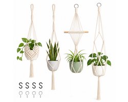 Macramé plantenhangers - set van 4 - 81, 104, 104 en 122 cm - katoenen koord - crème - met dubbele hanger, S-haken en plafondhaken - voor binnen en beschut balkon - Boho Handgeweven Katoen Hangpot voor Binnen/Buiten - Plant Hanger