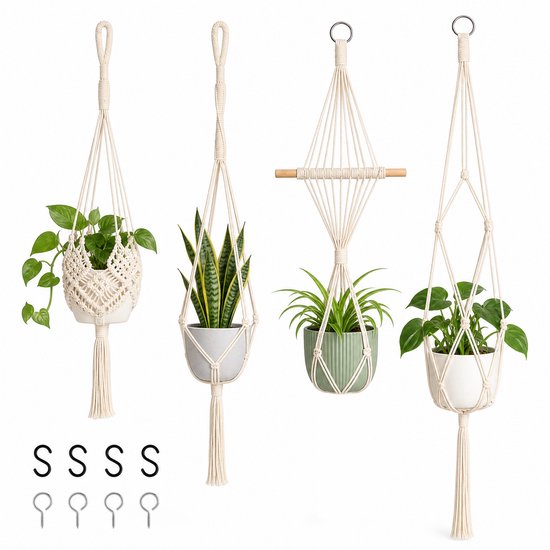 Macramé plantenhangers - set van 4 - 81, 104, 104 en 122 cm - katoenen koord - crème - met dubbele hanger, S-haken en plafondhaken - voor binnen en beschut balkon - Boho Handgeweven Katoen Hangpot voor Binnen/Buiten - Plant Hanger