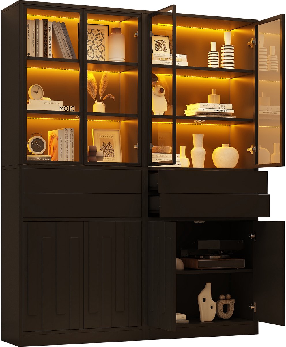Vitrinekast Met Glazen Deuren - 2 Delige Boekenkast Met 2 Laden En LED-Verlichting - Hoge Opbergkast Voor Woonkamer - Zwart
