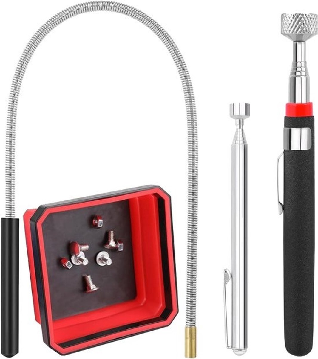Uitschuifbare magnetische pickup-gereedschapsset - Met magnetisch onderdelenbakje - Telescopische magneetstokken - Flexibele magneetgrijper