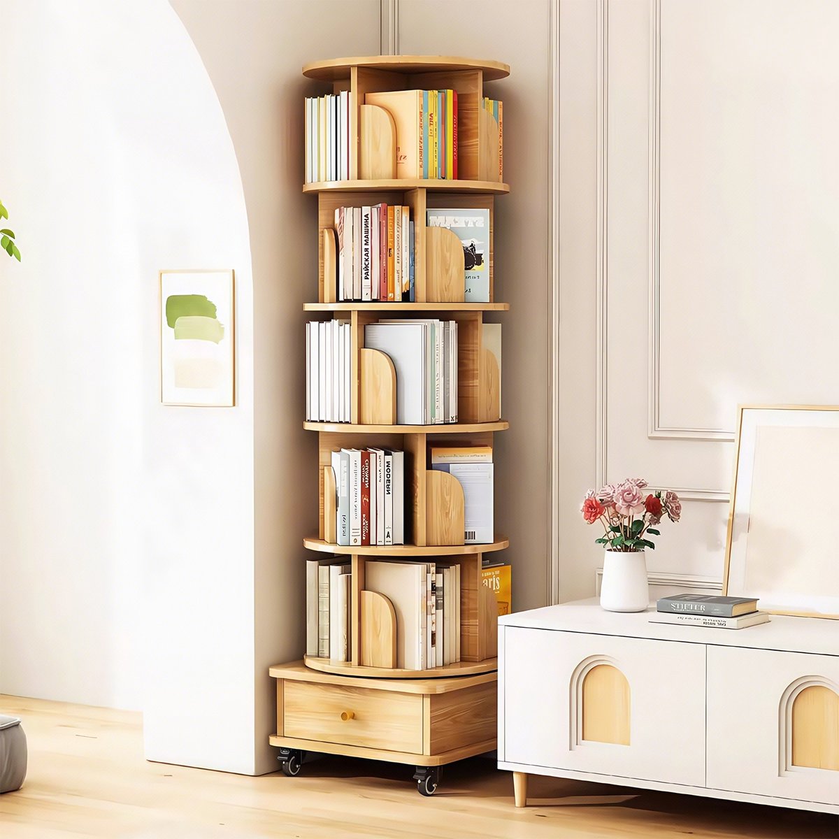 Draaibare Boekenkast Voor Kleine Ruimtes - 360 Graden Boekenkast Met Wielen En Lade - Planken Voor Boeken En Decoratie - MDF - Houtkleur - 46 x 46 x 173 cm
