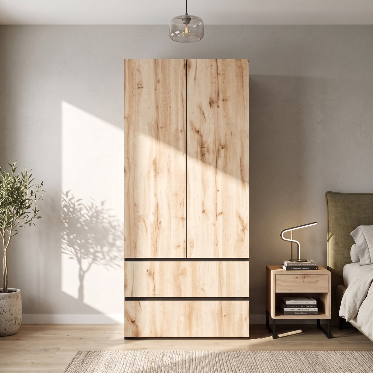 Clruro Kledingkast - 90 x 50 x 200 cm - 2 Deuren - Hangroede en 2 Lades - MDF/PB - Eiken/Wit Hout