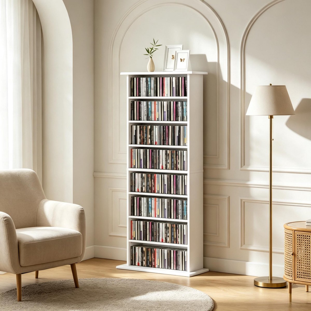 CD-DVD Opbergkast - Plaats Voor 360 Cd's Of 185 Dvd's En Blu-Rays - Verstelbare Planken - Smalle Media Kast Voor Woonkamer - Wit Spaanplaat