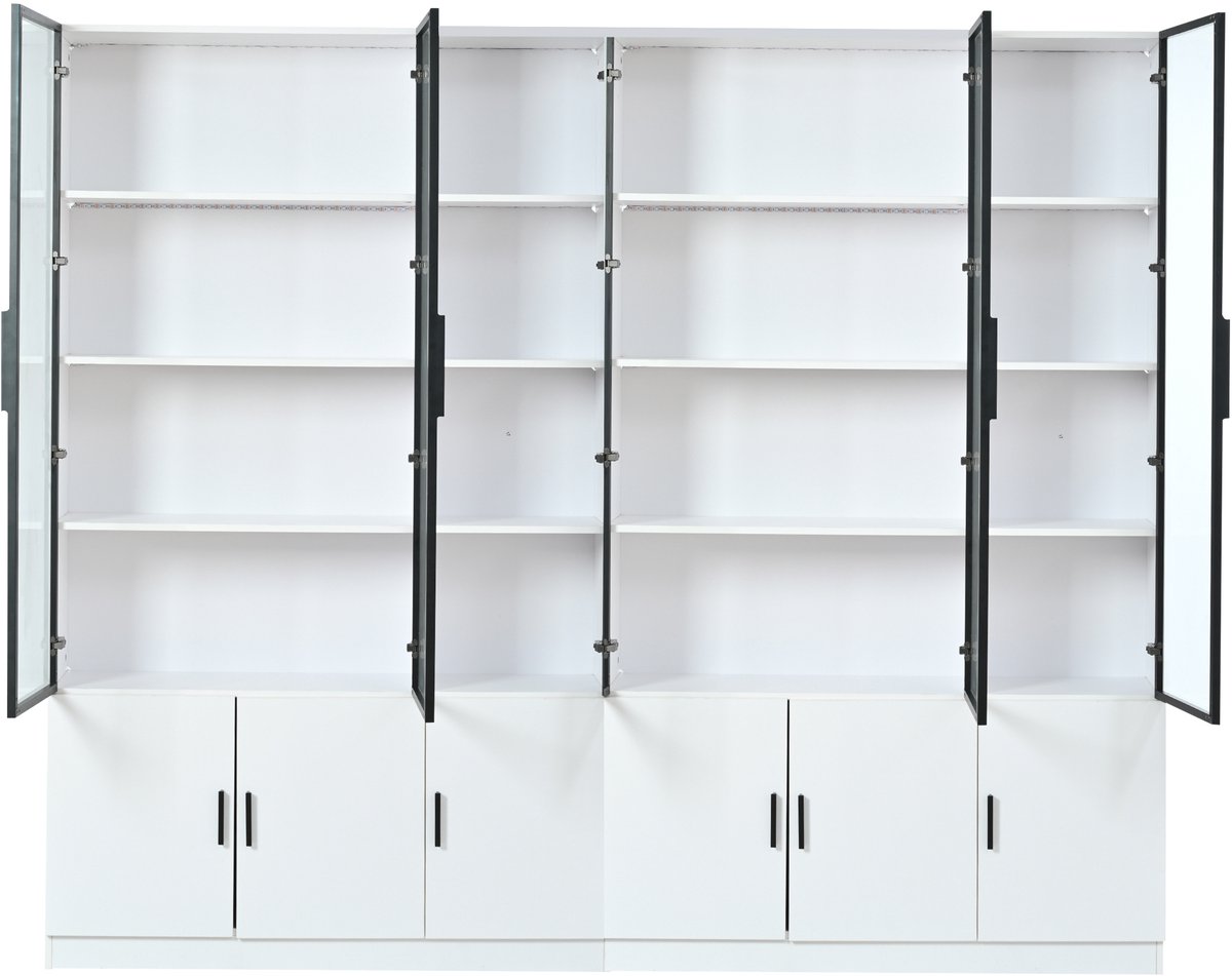 Witte Vitrinekast Met Ledverlichting - Vitrinekast Met 12 Glazen Deuren - Legplanken En Opbergruimte - Voor Woonkamer - MDF En Glas, 240 Cm Breed