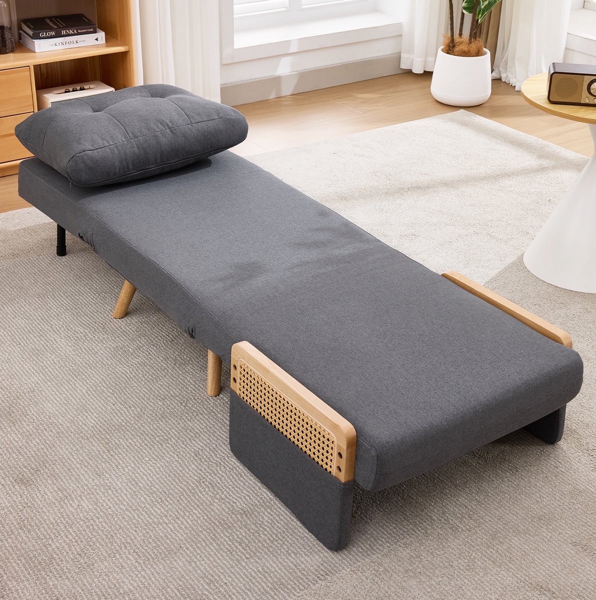 REDOM Slaapfauteuil 3-in-1 - 5-voudig verstelbare rugleuning - Uitklapbaar gastenbed - Rotan armleuningen - Polyester stof - Grijs - 67,5 x 73 x 86,5 cm