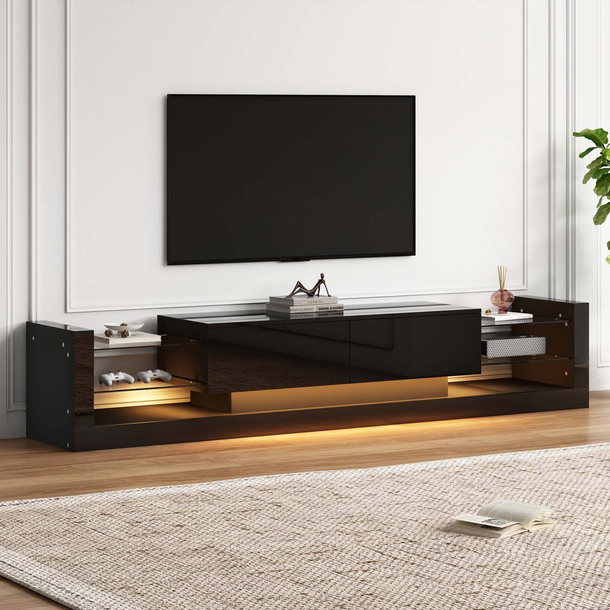 MUVANO Tv Meubel Zwart Hoogglans - Tv Kast 181 Cm - Opbergkast-Voor Tv Tot 80 Inch - 181x38x38 Cm- Met Led Verlichting - Woonkamer Zwart