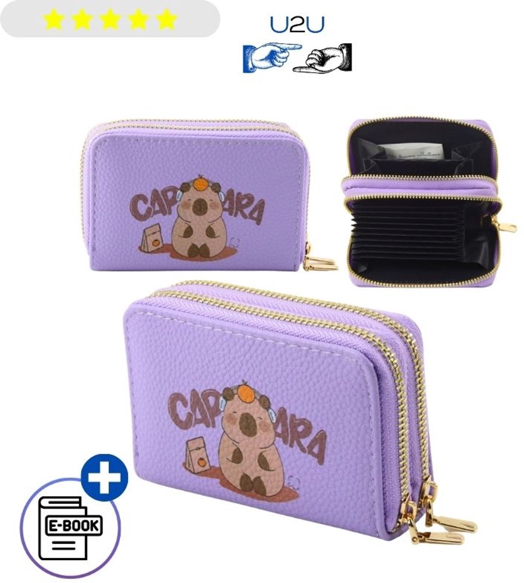 Paarse Capybara Portemonnee 2 Vakken voor Kinderen, Dames & Heren – Dubbele Rits, Kaartenhouder, Muntgeldhouder, Compacte Wallet met Schattig Design voor Pasjes, Briefgeld & Munten, Praktisch Cadeau – Met Ebook
