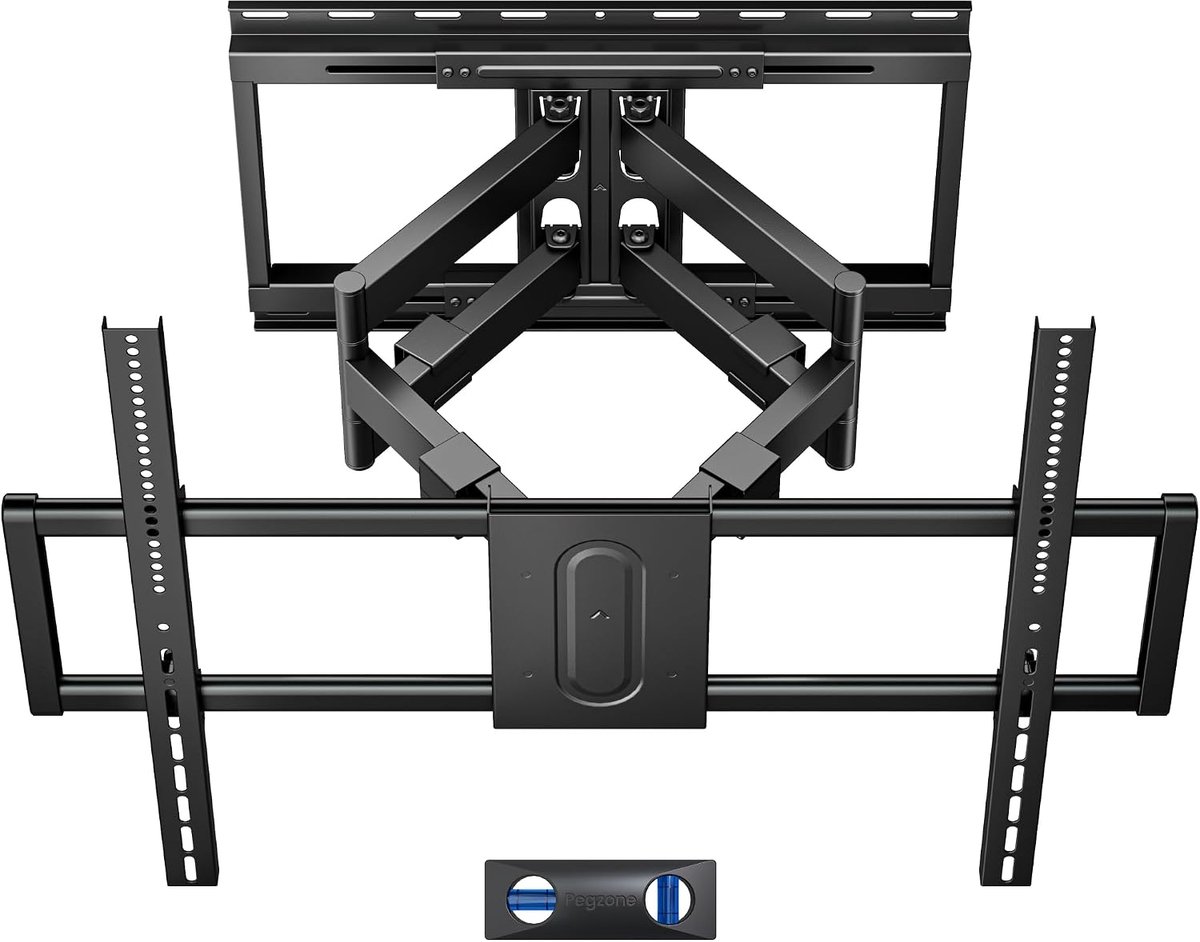 Full Motion TV-muurbeugel voor 43-100 inch tv's tot 79,8 kg, 64 cm verlenging, draaibare zware tv-beugel, dubbele armen voor off-center noppen, geschikt voor 16"/18"/24" houten noppen, VESA
