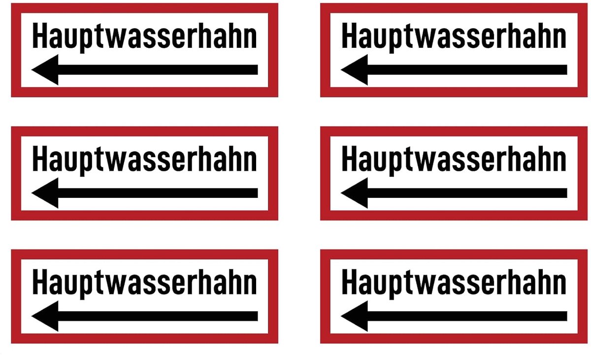 37x105 mm, 6 stuks - hoofdkraan - instructiebord op brandbeveiliging en gebruiksaanwijzingen - DIN 4066 - D2 met richtingspijl links