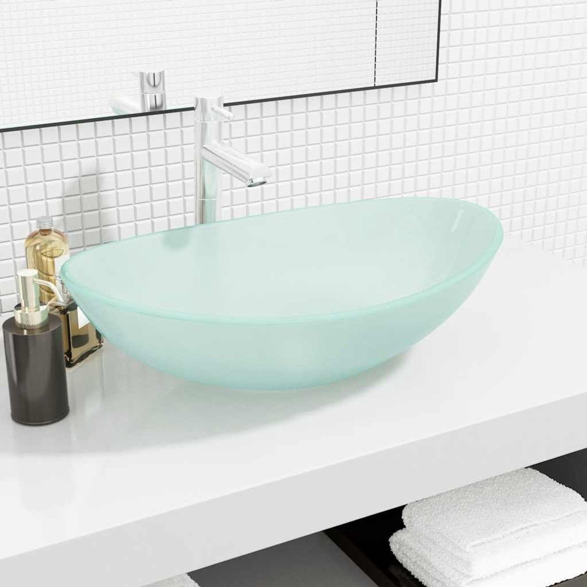 Opzetwastafel van gehard glas, wastafel, gehard glas, 54,5 x 35 x 15,5 cm, mat, voor badkamer, wasruimte, natte cel