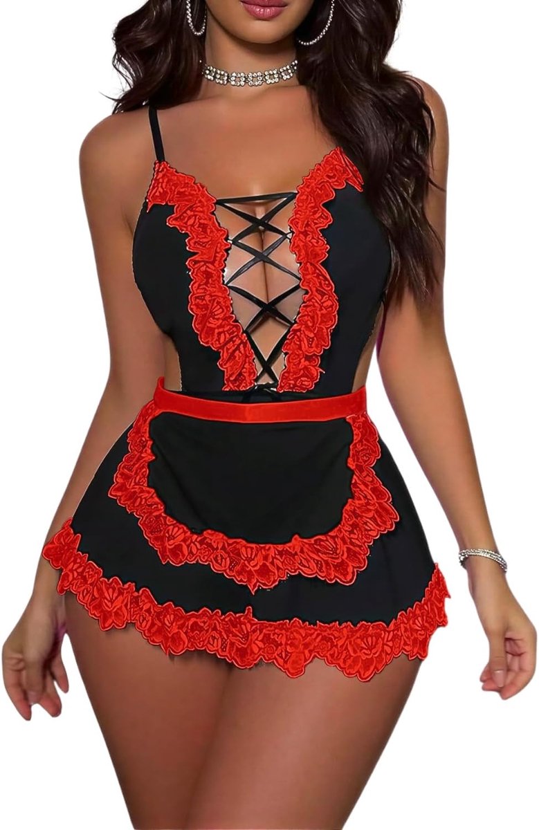 Dienstmeisjeskostuum sexy lingerie dames mini-jurk diepe V meid jurk ober uniform kant rollenspel cosplay set Halloween nachthemd