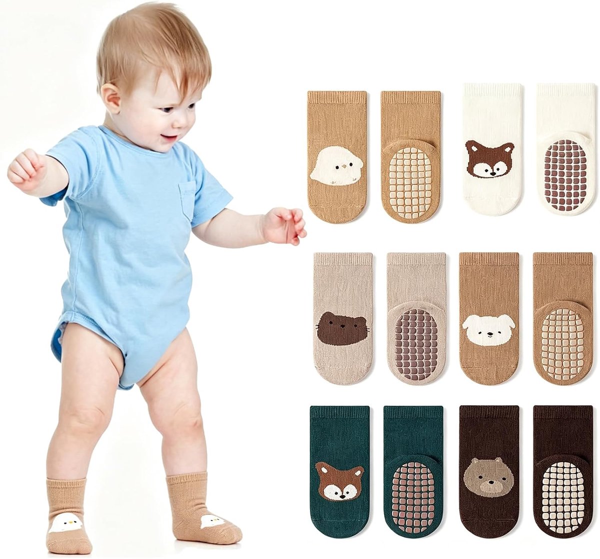 6 paar antislip babysokken, antislip, voor kinderen, dierenpatroon, van polyester, ademend, ideaal cadeau voor jongens en meisjes van 1 tot 3 jaar