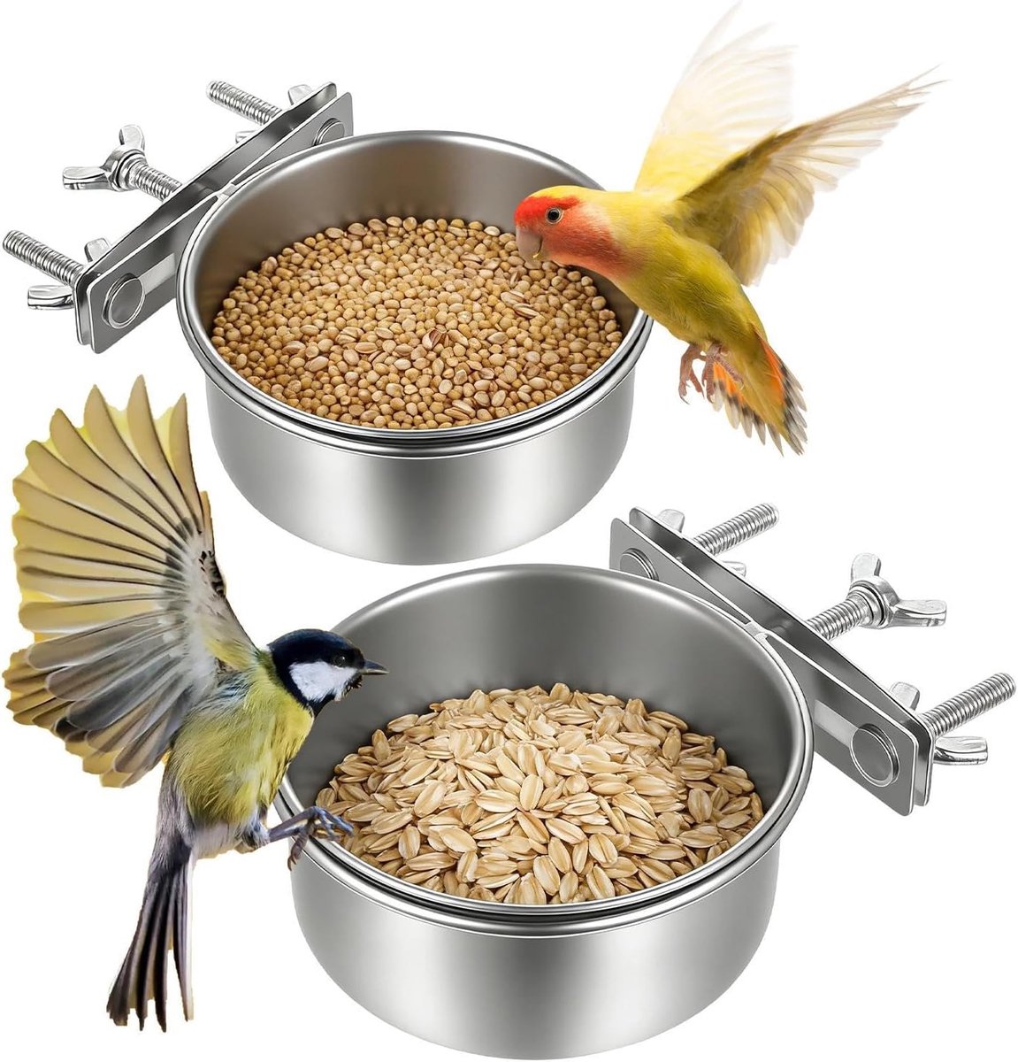 Waterdispenser voor vogels, 2 stuks van roestvrij staal, anti-verspilling, voederaccessoires en drinkbak voor vogelkooi, voor volieren, parkieten, onafscheidelijke dieren