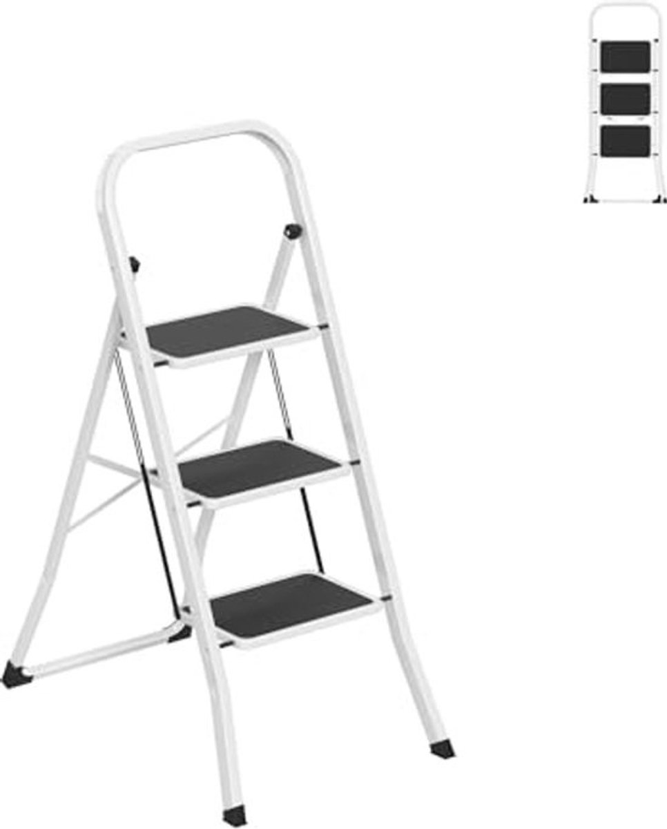 Inklapbare trapladder - Met leuning - 3 treden - Veilig en stabiel - Voor huishouden en kantoor