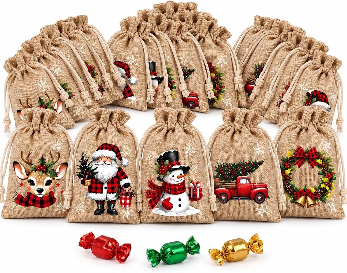 Christmas Gift Bags, Drawstring Treat Pouches, Linen-Look (24)