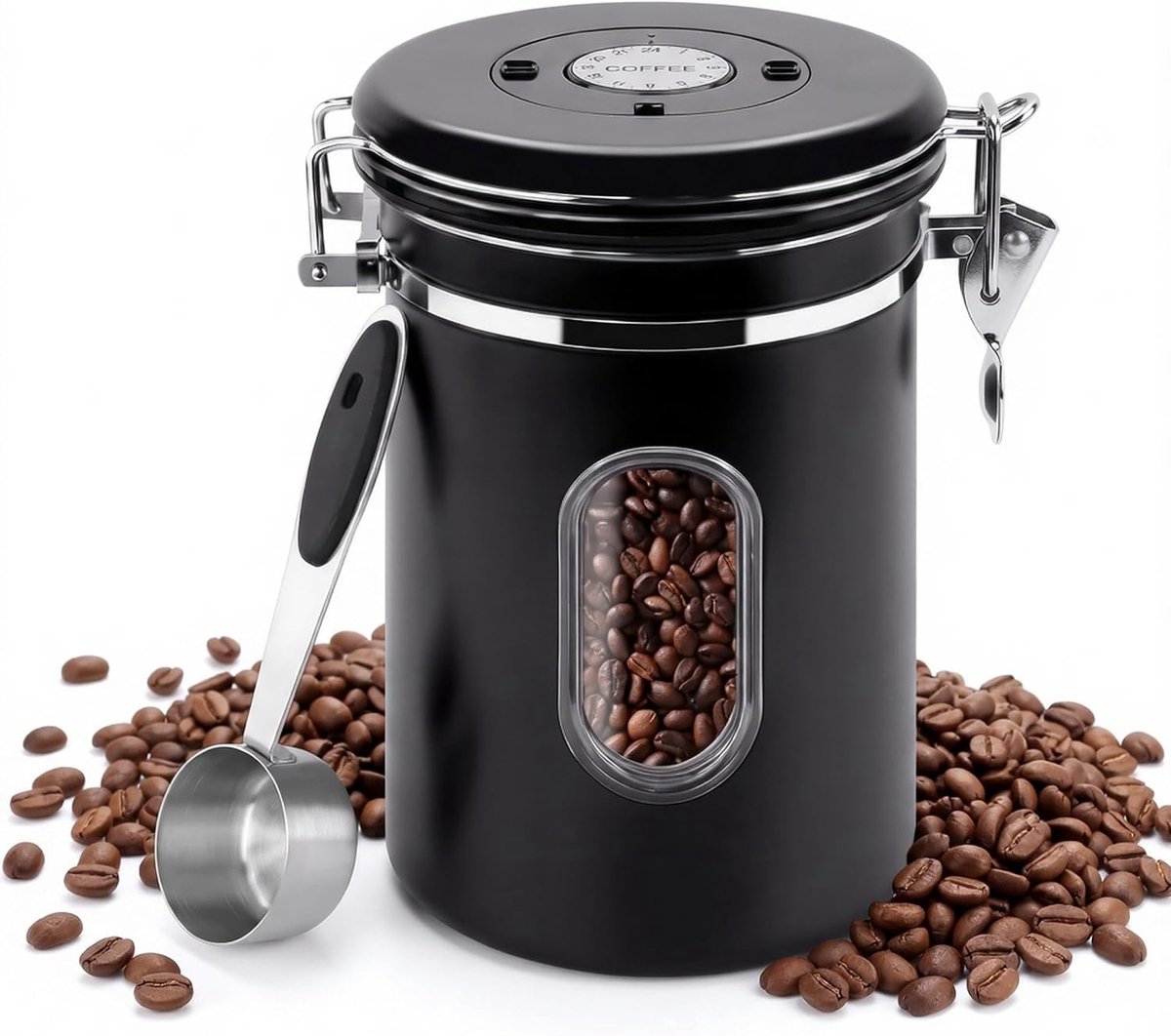 1800 ml luchtdichte koffiebus, grote gemalen voorraadpot van roestvrij staal met 4 CO2-ventielen, datumweergave, vensterschep voor gemalen koffie, thee, noten
