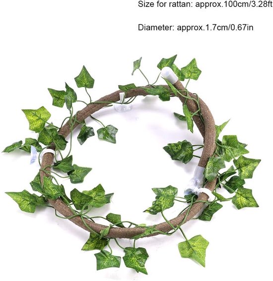 Reptiel Klimplant Flexibel Jungle Decor 3,28ft Rotan met Scindapsus Bladeren voor Hagedissen Kameleons 's Boomkikkers Schildpad Aquarium Terrarium Decoratie (Rotan + klimopbladeren) — afbeelding 3