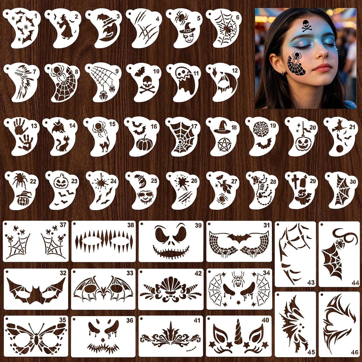 46 stuks kinderschminksjablonen, Halloween, make-up sjablonen kinderen