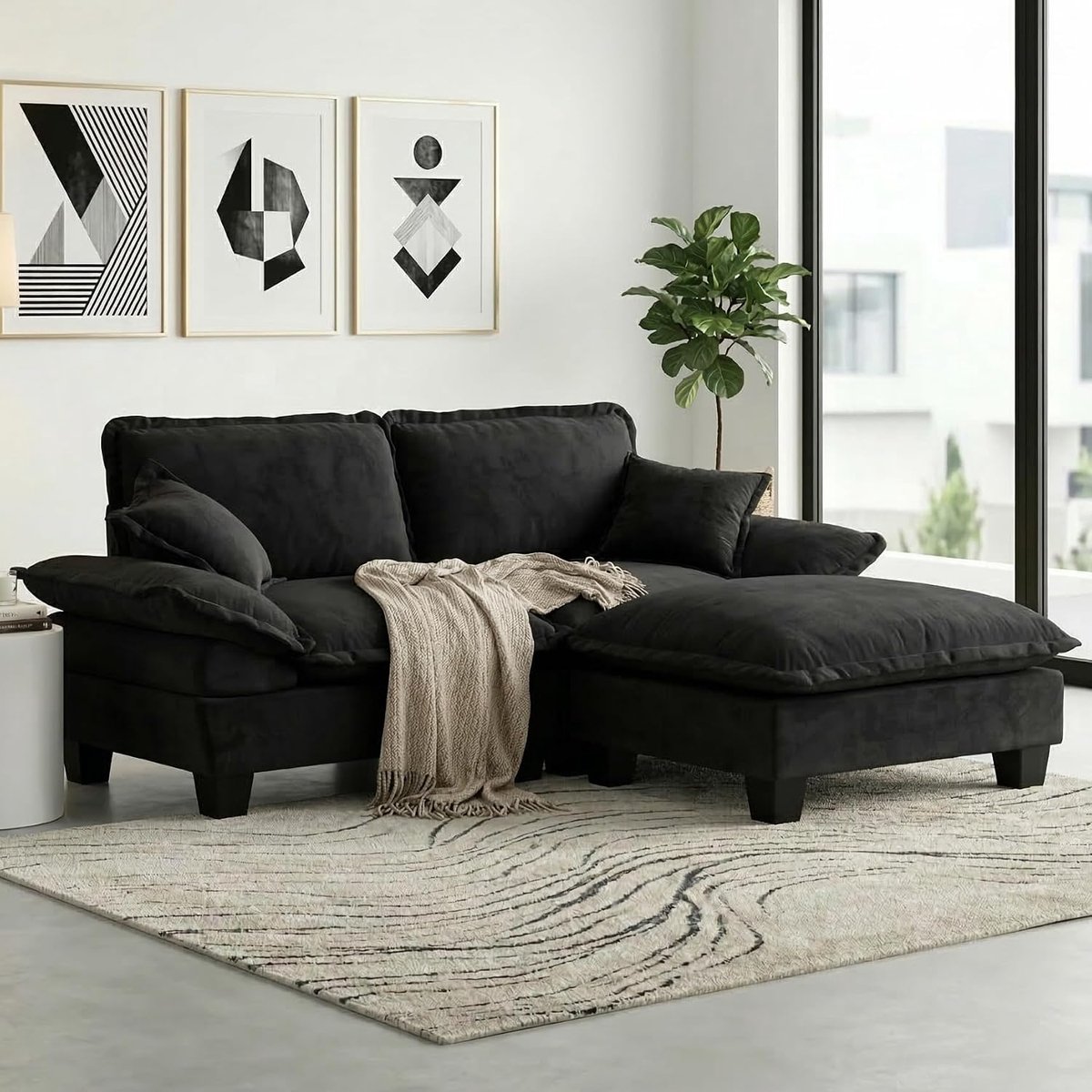 Sofa Modulaire L-vormige hoekcanapé van chenille Modern designbank met 2 kussens voor salon en appartement 2 zits + 1 (zwart, 2 zits + 1)