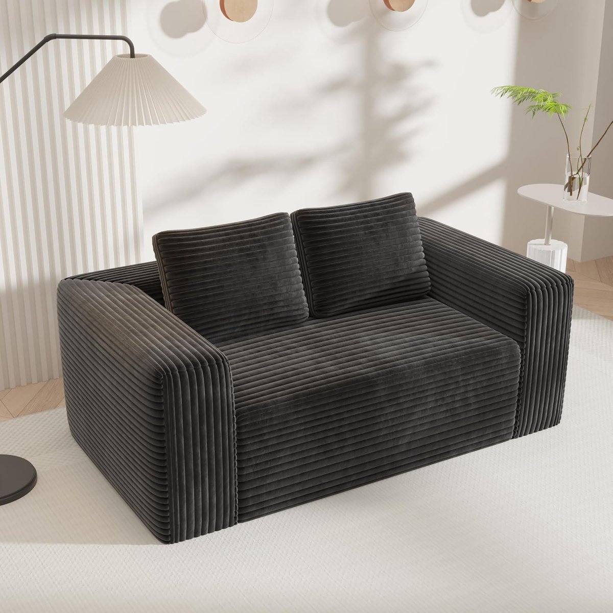 2-zitsbank van corduroy, bank met pluche, diepe zitting zonder botten, moderne bank voor klein appartement, slaapkamer, kantoor (A-zwart)