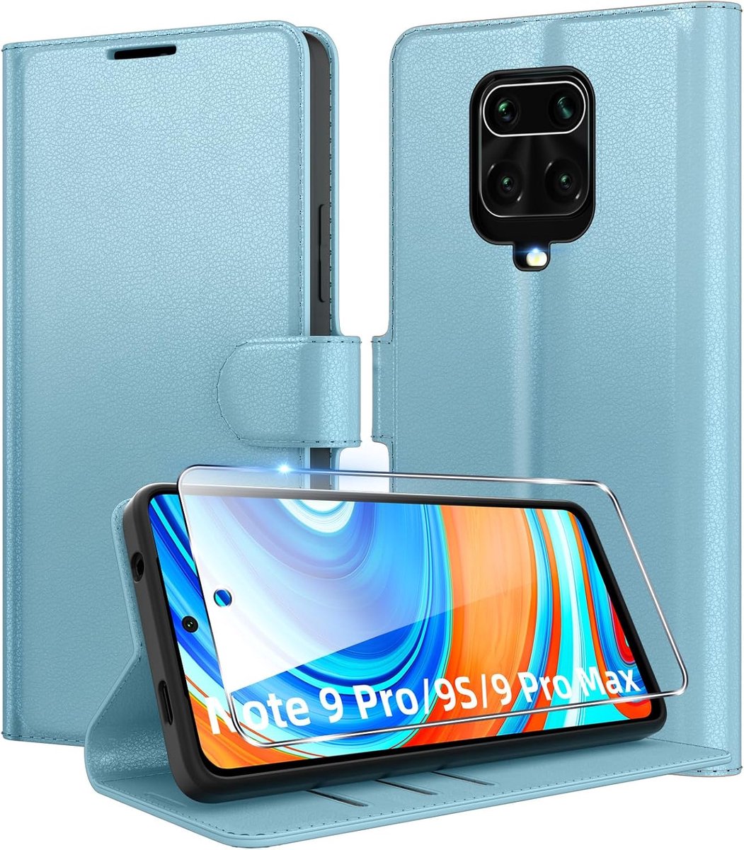 Beschermhoes voor Xiaomi Redmi Note 9 Pro/9S/9 Pro Max, van premium PU-leer, portefeuille, beschermhoes voor kaarten, schokbestendig, flip case, met 1 gehard glas, blauw