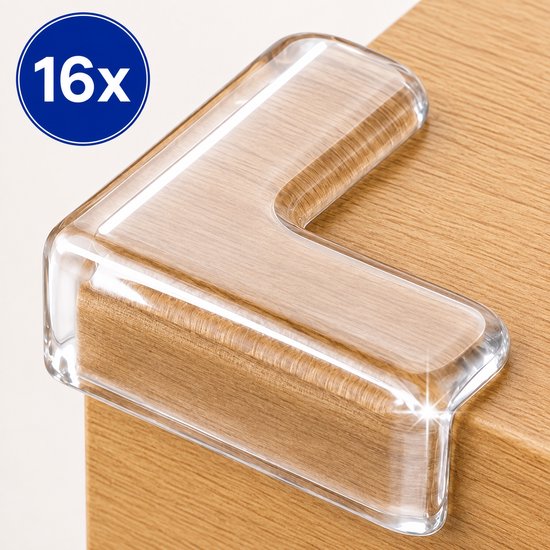 16x transparante hoekbeschermers op een houten tafel.