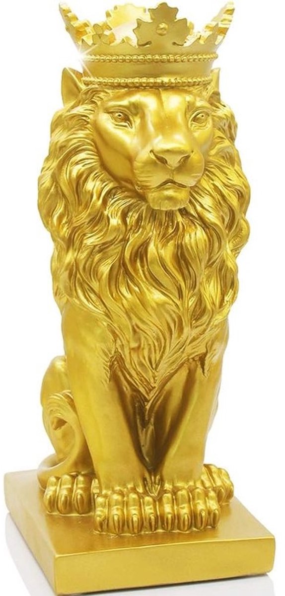Leeuw Standbeeld - Hars Sculptuur - Woonkamer Decoratie - Abstracte Kunst - 35 cm Hoog - Goud