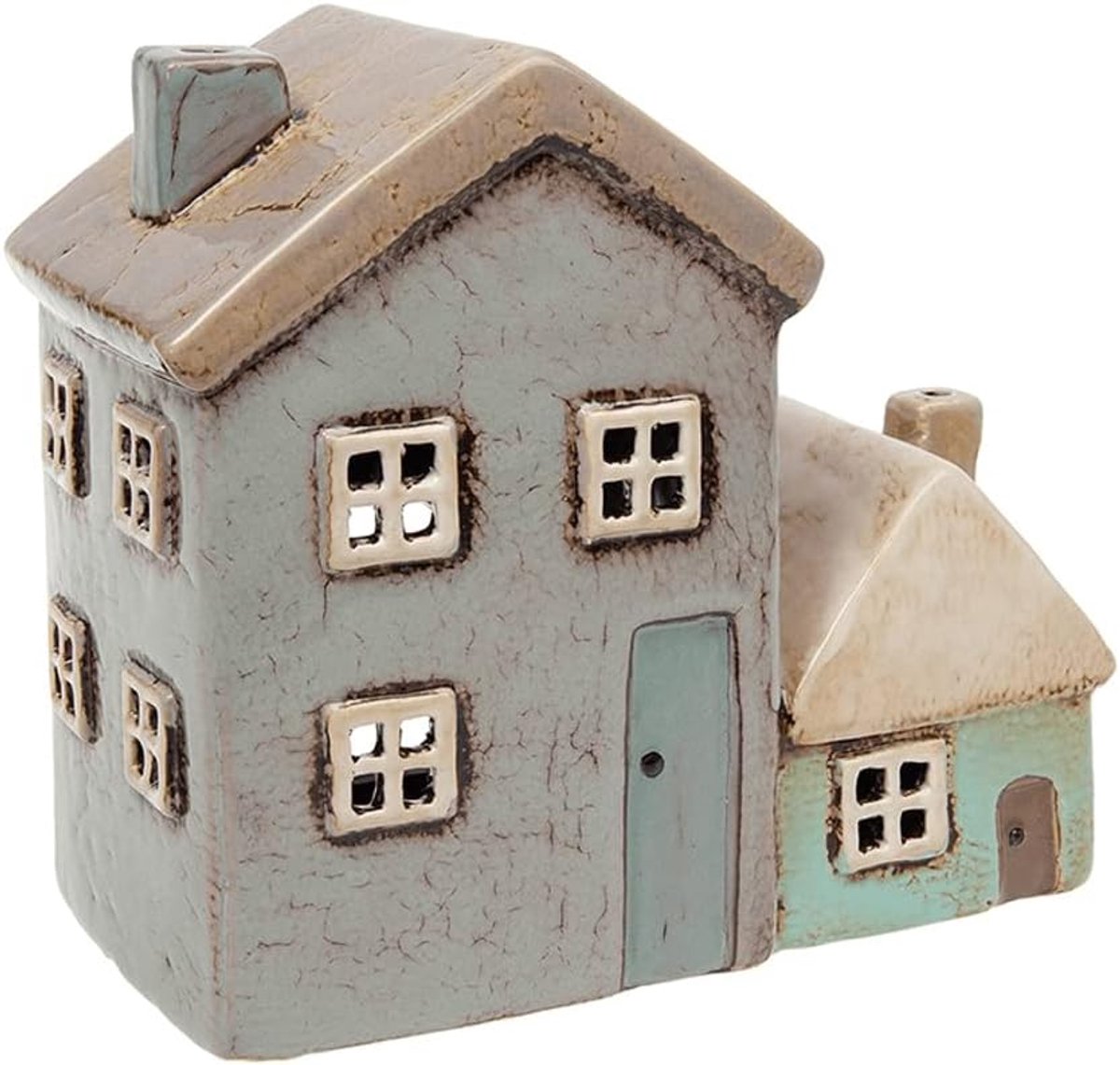 Giftware Village Pottery Grijs/Aqua Theelichthouder - Twee Huizen 320012