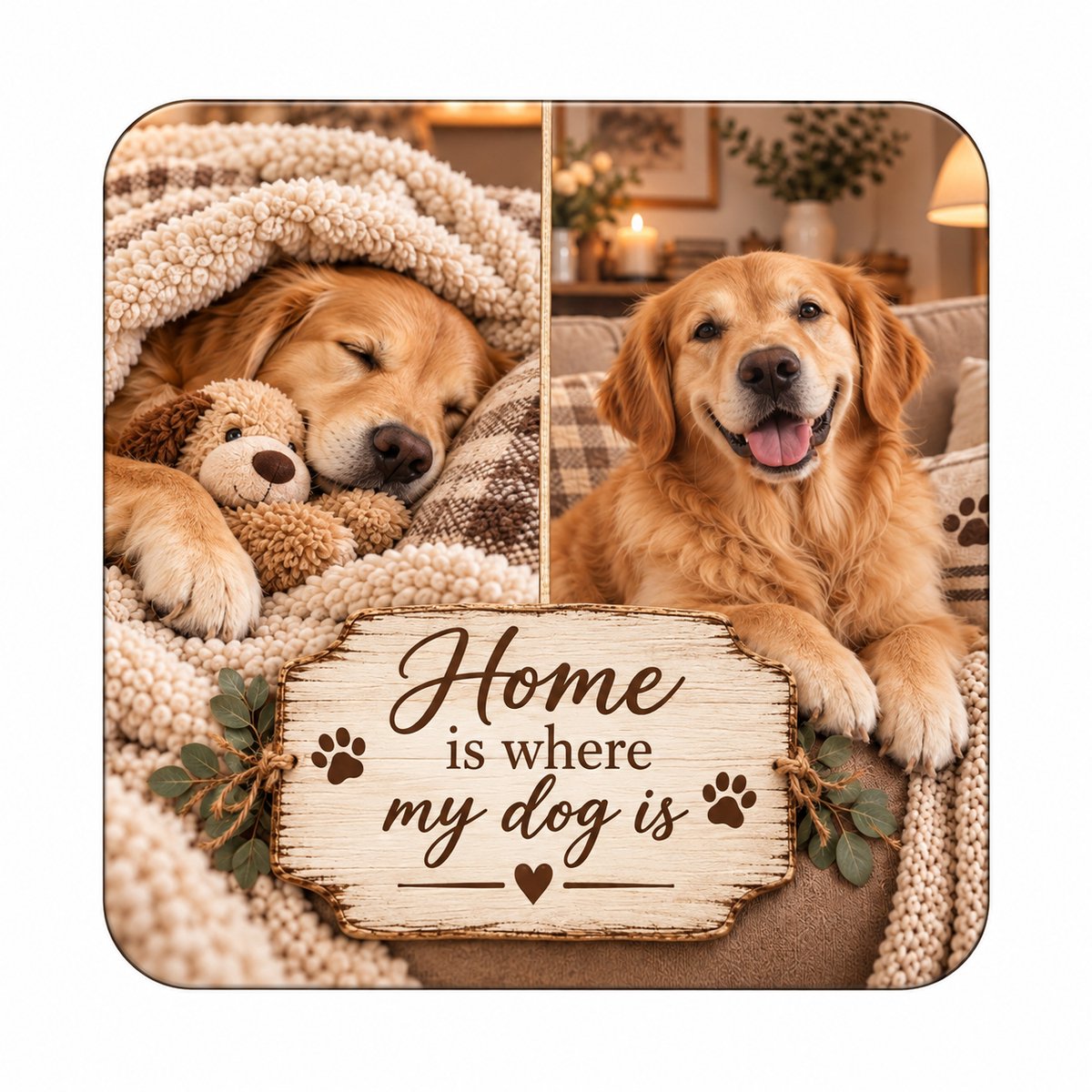 Honden MDF onderzetter 10 x 10 cm – Golden Retriever – Home Is Where My Dog Is