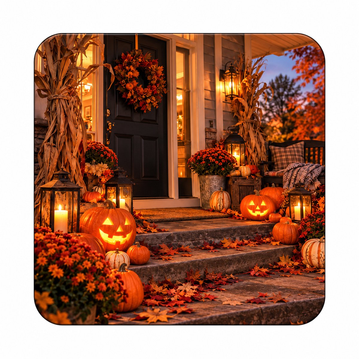Halloween MDF onderzetter 10 x 10 cm – Herfstdecoratie met Pompoenen – Vierkante onderzetter