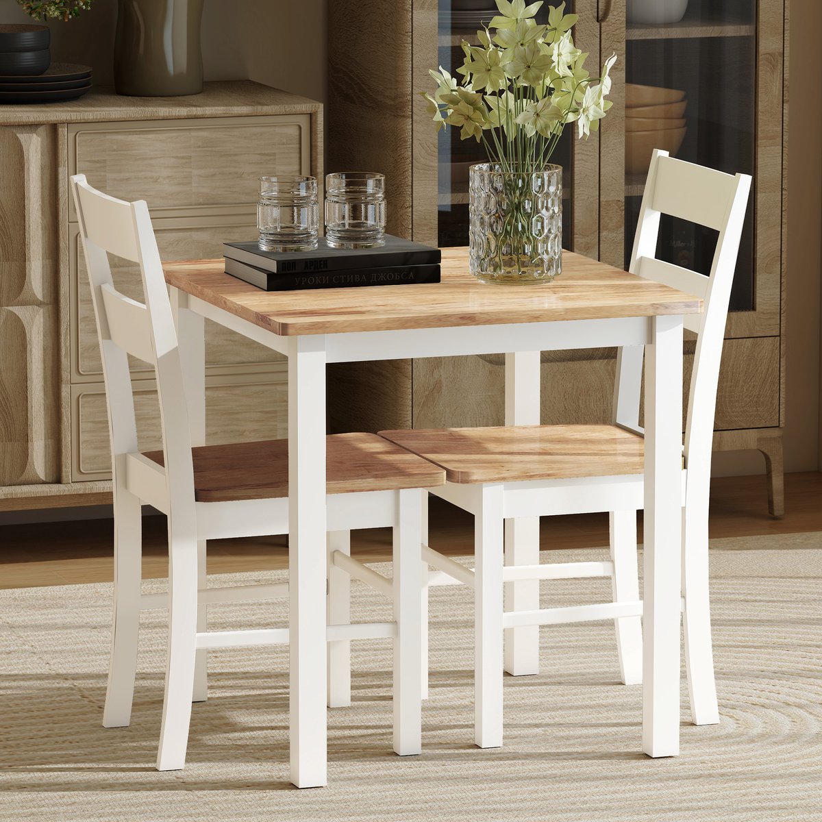 Homona Eettafel - Vierkant - Kautschukhout - 69 x 69 x 75 cm - Eikenkleur/Wit