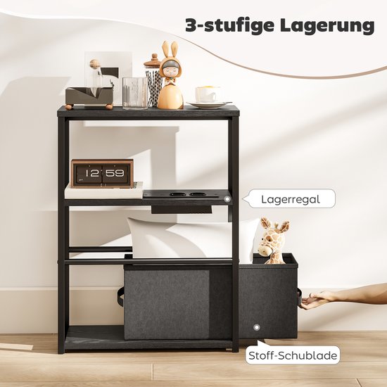 Zwarte bijzettafel met 3-stufige lagerung, voorzien van een stoffen lade en een hand die de lade opent.