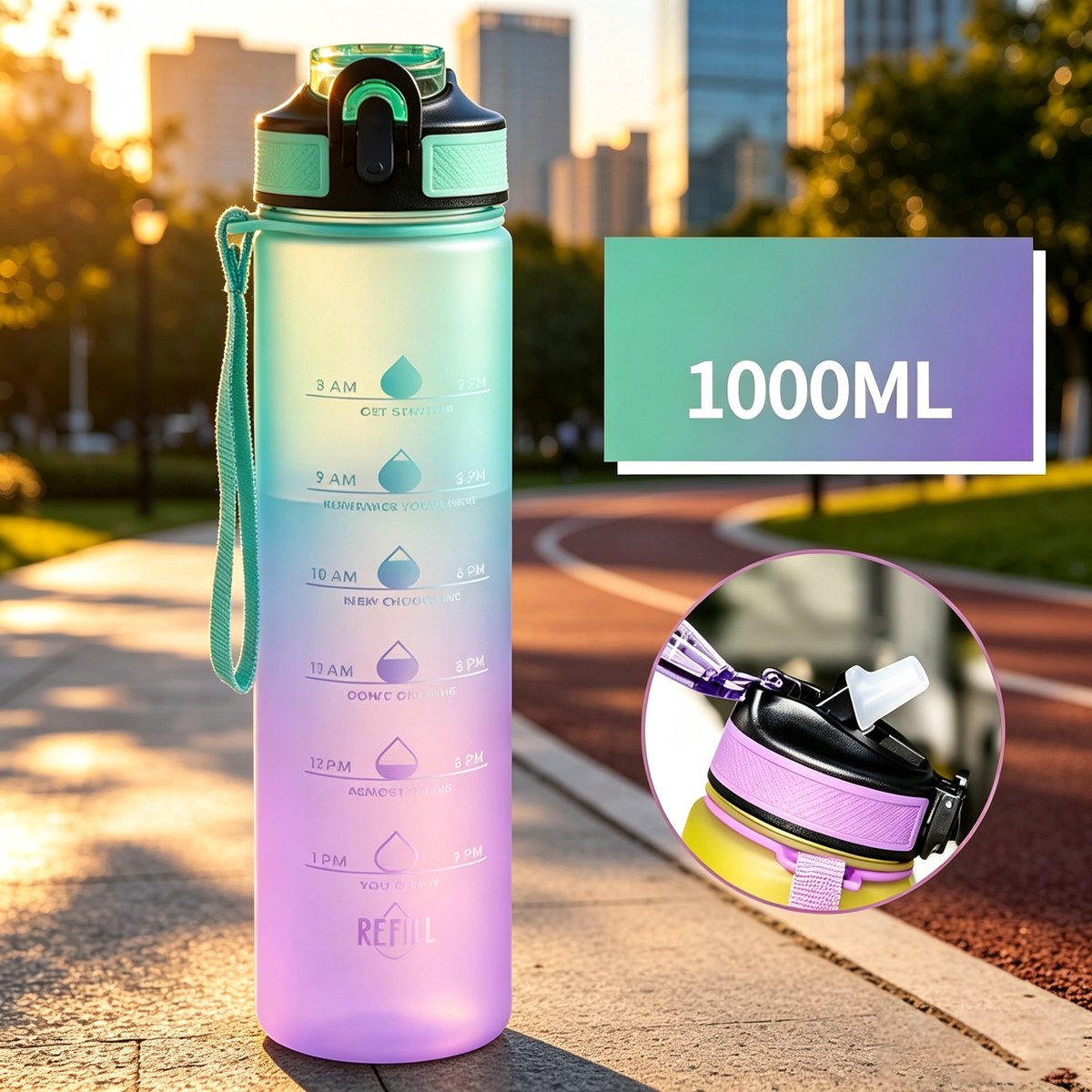 Sportwaterfles 1000 ml met drinktijdindicator en rietje met draaghandvat lekvrij BPA-vrij en gifvrij blijf gehydrateerd afmetingen 7,5 x 29 cm kleurverloop groen