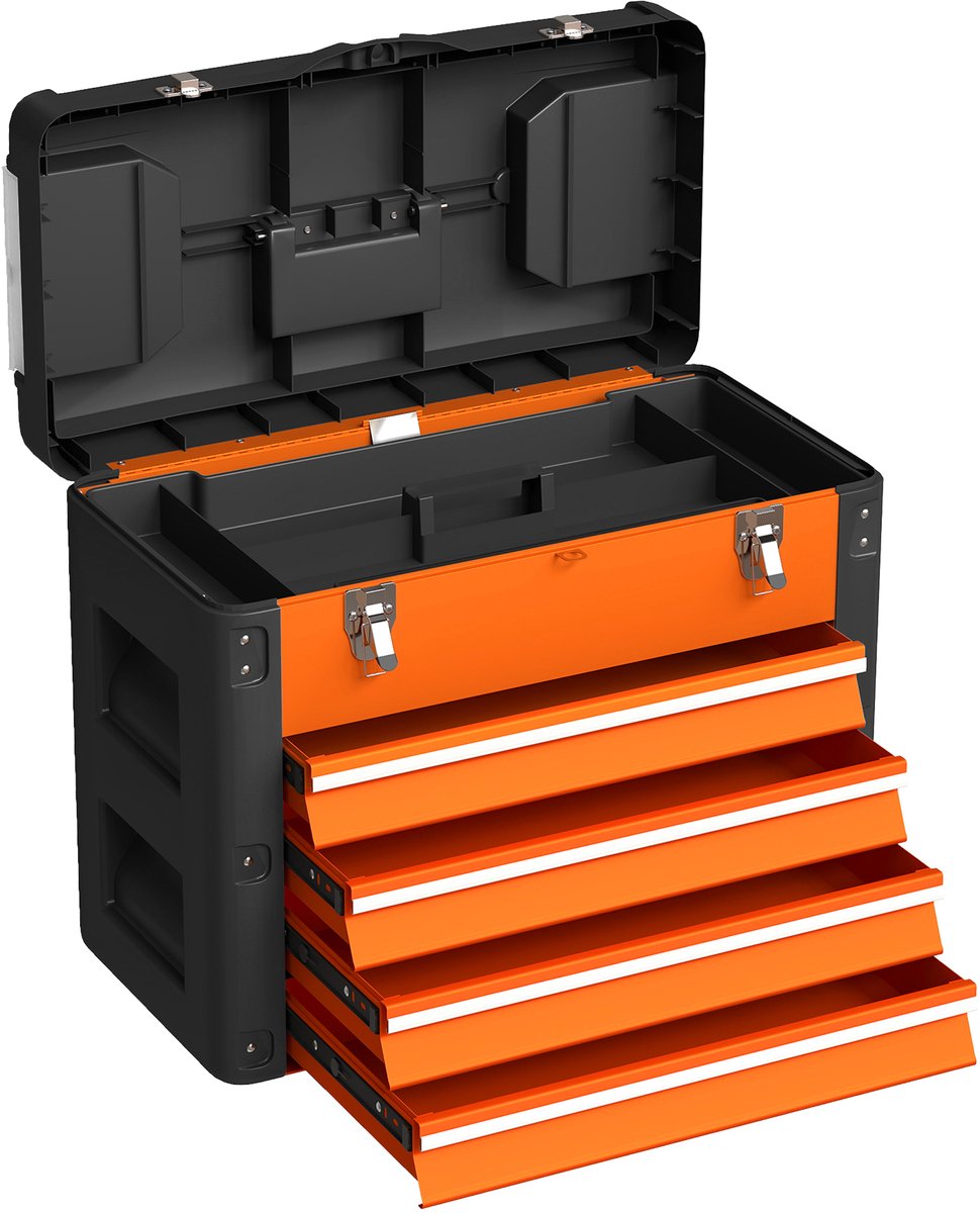 4-laden gereedschapskist, thermisch gelakte stalen gereedschapskist met uitneembaar bakje, 49,7x25,3x40,7 cm, oranje