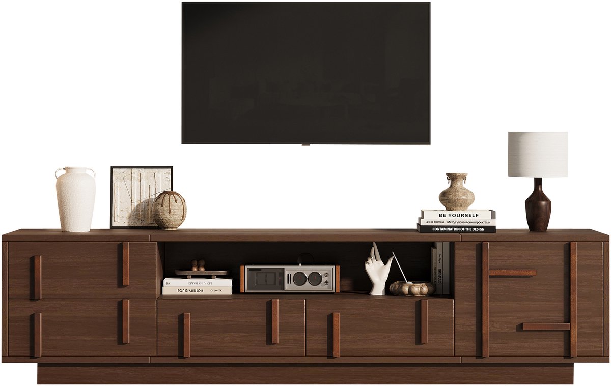 MUVANO Tv Meubel 180 cm - Walnoot Tv Dressoir - Mdf Lowboard - Voor 75 Inch Tv - 180x40x45cm - Met 4 Lades - Voor Woonkamer Walnoot