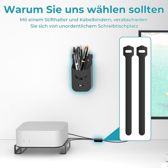 Metaalhouder voor Mac mini M4 en M4 Pro - Deskstand met knoppenvergrendeling, ventilatie en pennenhouder voor optimale organisatie en gebruiksgemak — afbeelding 4