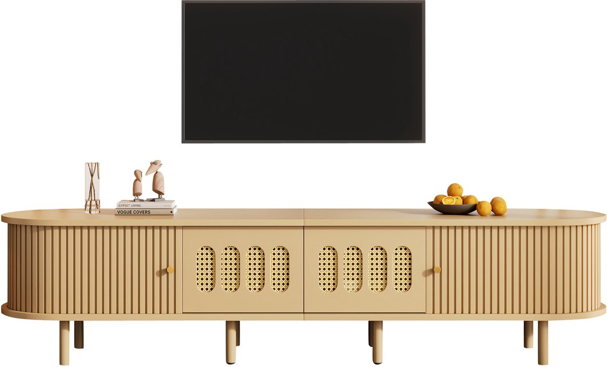MUVANO Ovaal tv-meubel 180 cm - Tv-kast voor 75 inch tv - Lowboard licht hout rotan - Tv-dressoir - 180x40x40cm - Opbergruimte - Woonkamer Licht hout Natuurlijke kleur
