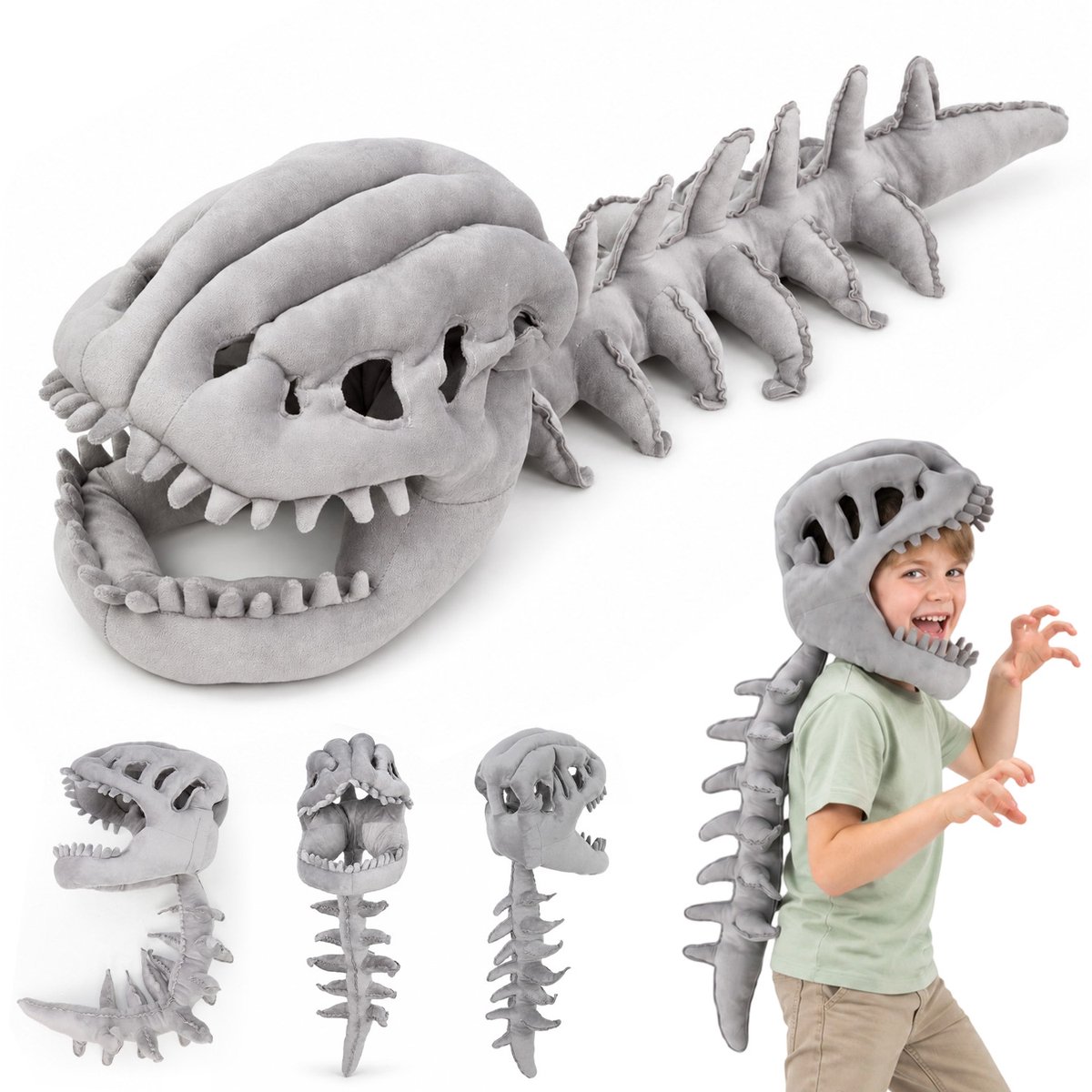 Dino Skelet Verkleedkleding - Dinosaurus Skelet Verkleden Props - Pluche Dinosaurus Kostuum - Grappige Hoofddeksels - 80 cm - Voor Tieners 140-160 cm - Lichtgewicht - Voor Halloween & Themafeest & Rollenspel - Grijs