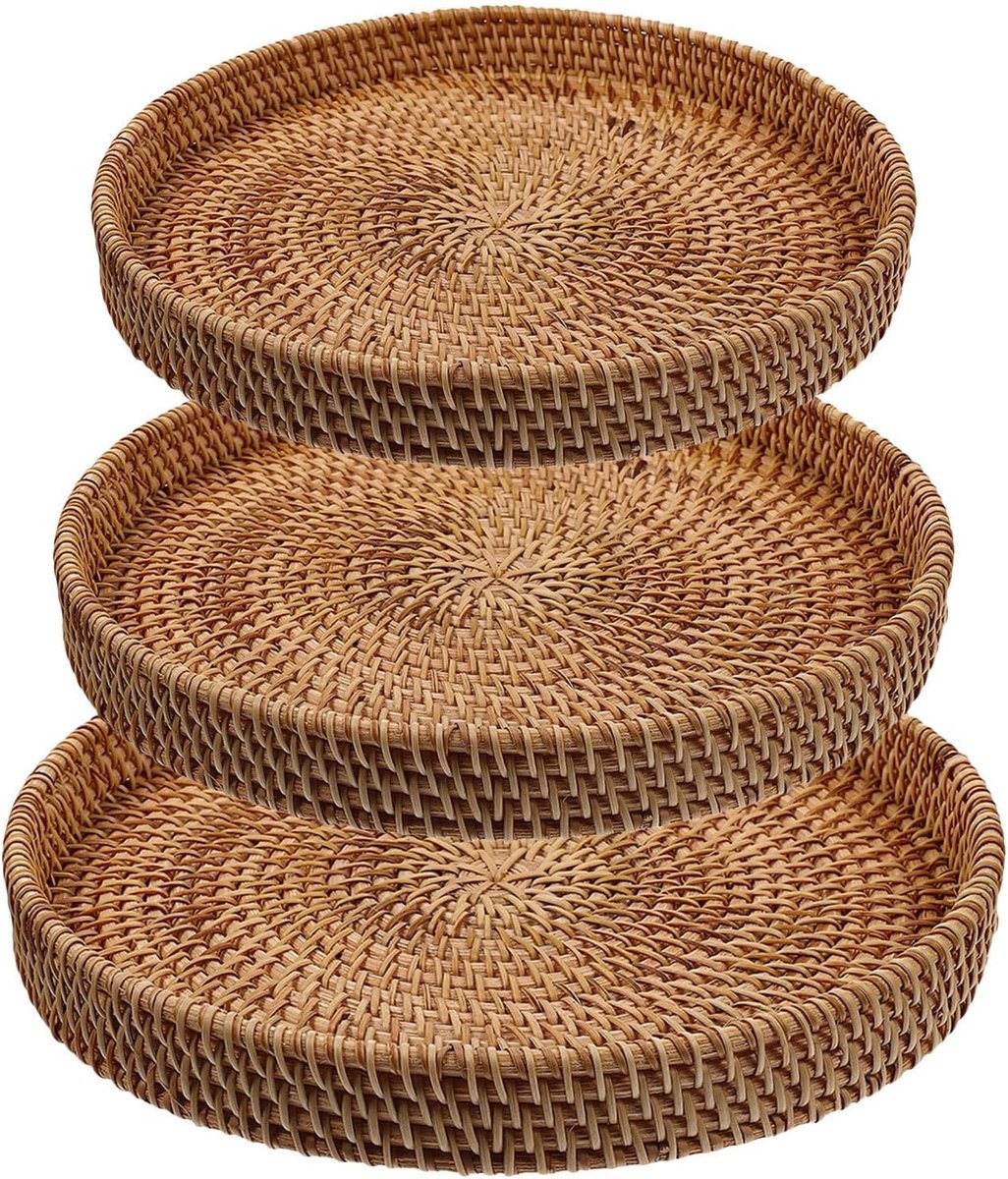3 Stuks Delige Handgeweven Ronde Rotan Opbergmanden Lichtgewicht Multifunctioneel Dienblad voor Badkamer Woonkamer Slaapkamer Decoratieve Platte Manden zonder Handvatten