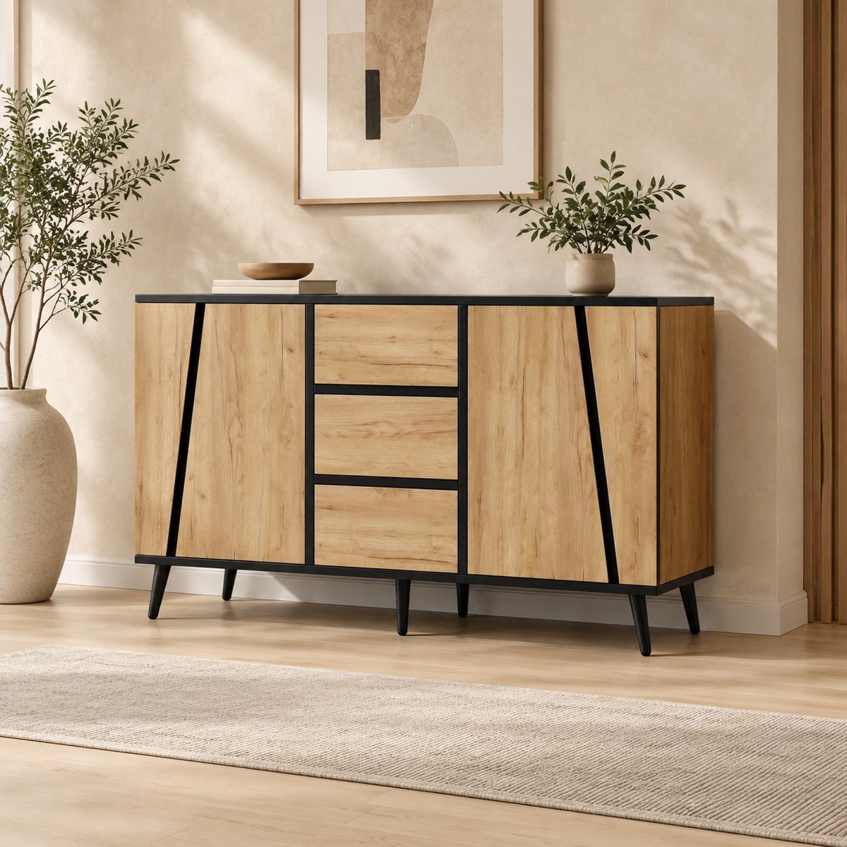DESMIU Dressoir - 2 Deuren En 3 Lades - Voor Woonkamer, Keuken Of Werkkamer - MDF En Spaanplaat - 120 x 40 x 70 cm - Naturel Zwart Natuurlijk en zwart