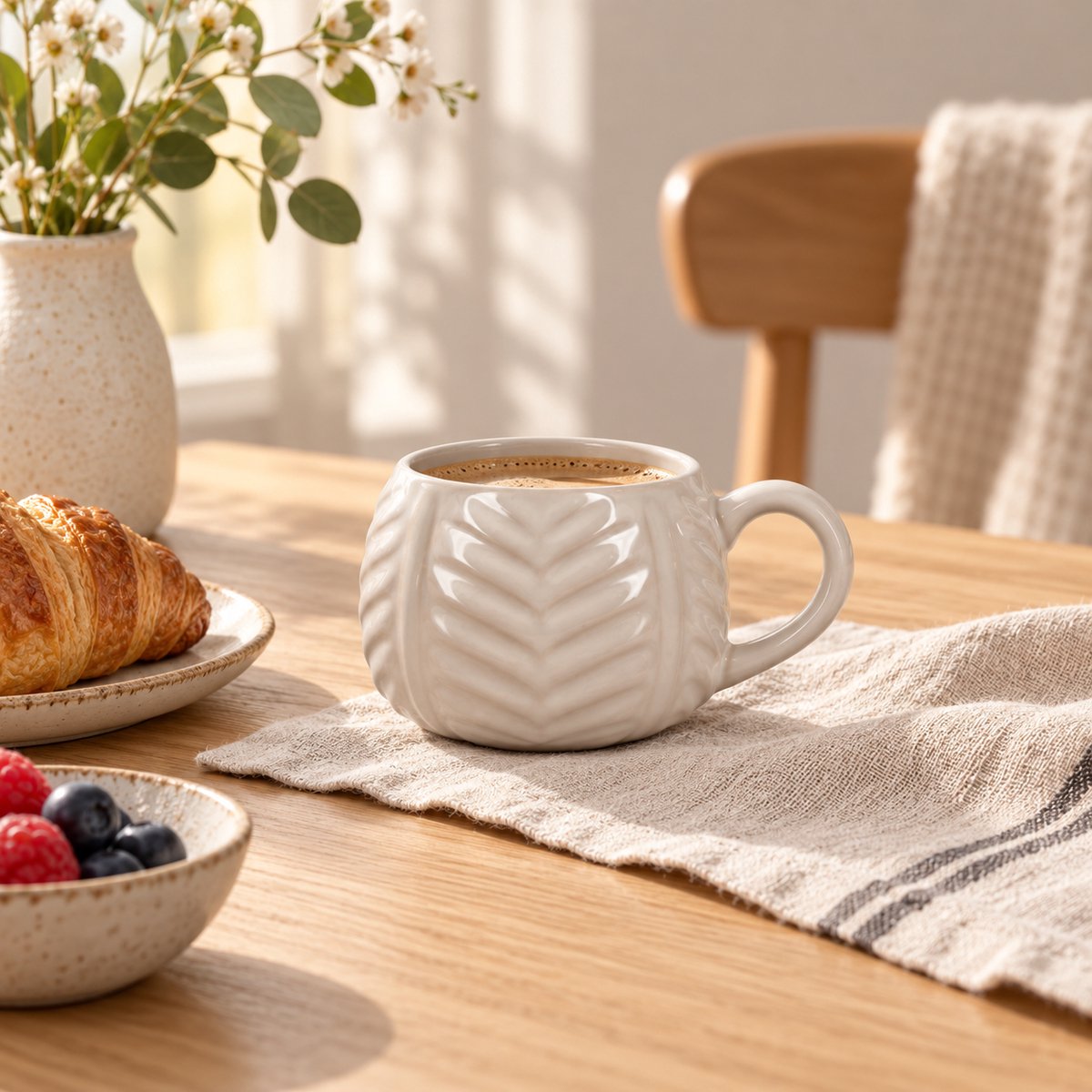 Fameilleur mok beige 20 cl – stijlvolle stenen koffiemok en theemok met bladstructuur, reactief glazuur, vaatwasser- en magnetronbestendig- koffiemok- koffiebeker- koffie mok- koffie beker- thee mok - theemok- servies