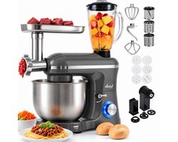 Vivid Green 2000W Keukenmixer - Vleesmolen, Blender & Pastamachine - Geschikt voor Zwaar Deeg - 6,2L Mengkom - Keukenmachine - Keukenrobot - Grijs