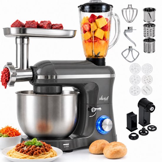 Keukenrobot multifunctioneel 2000W – Keukenrobot – Foodprocessor – Keukenmixer met RVS Mengkom – Incl. 15 Accessoires – Incl. Gehaktmolen en Blender 6.2L – Grijs – Vivid Green