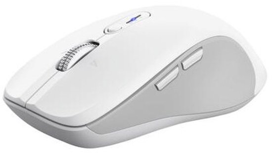 Witte draadloze Trust muis met grijze accenten, scrollwiel en extra knoppen.