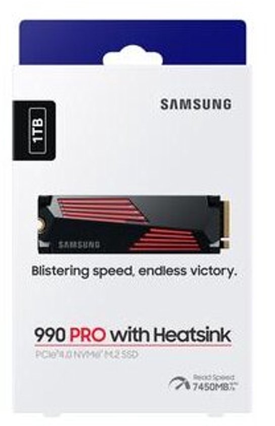 Verpakking Samsung 990 PRO SSD met heatsink, 1TB. Bevat afbeelding van de SSD.
