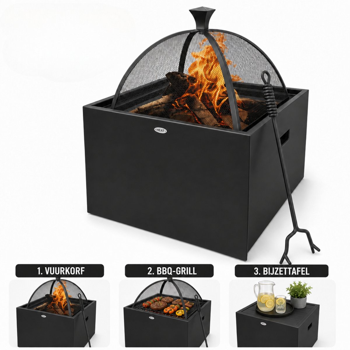 Bol.com HEAT Outdoor Living - 3-in-1 Vuurkorf - BBQ - Tafel - Zwart aanbieding