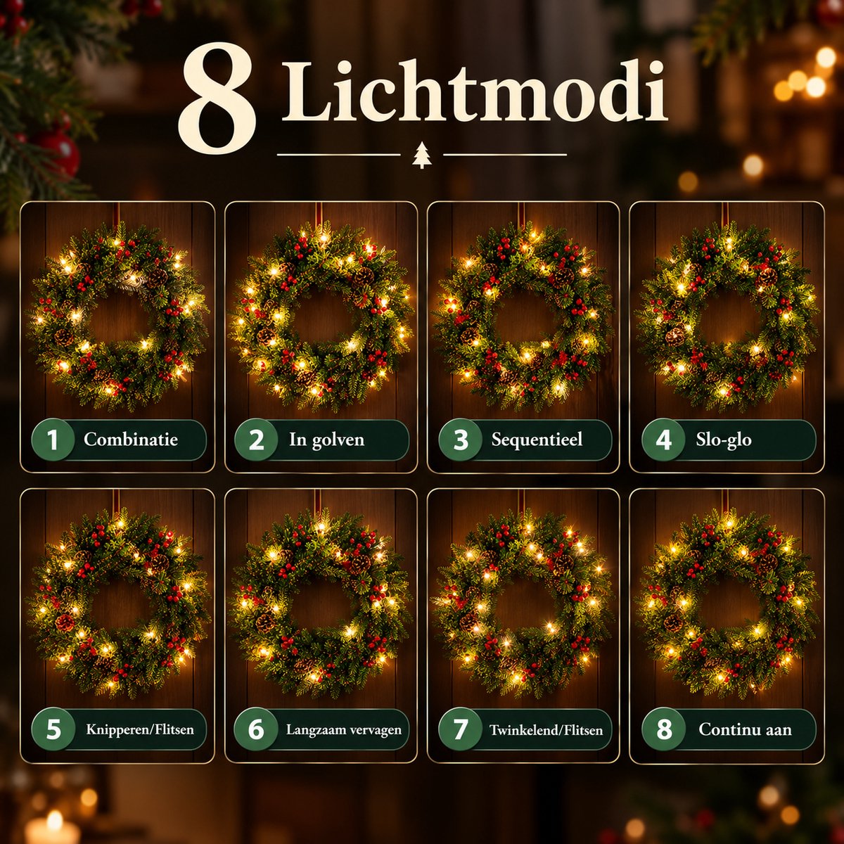 Meedeer Kerstkransen met Decoraties & LED verlichting(40cm)-Kerstkrans-Groen-Met 8 verlichtingsmodi-Met rode vrucht-PE+PVC-materiaal-Deurkransen kerstversiering- Kerstdecoratie - Kerstmis – foto 4